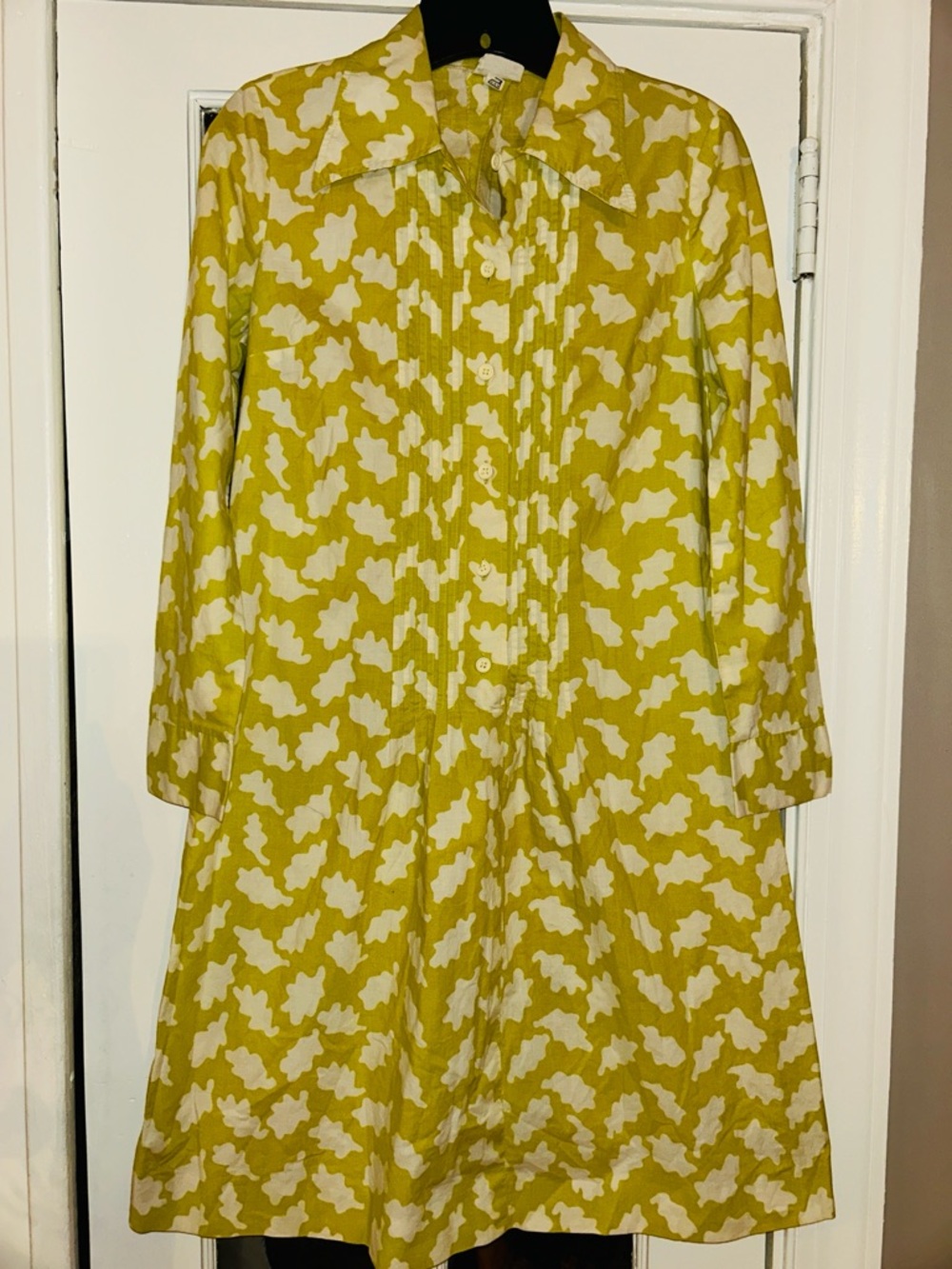 RARE VINTAGE MARIMEKKO sz S Yellow and White Printed pin tuck Cotton DRESS Shirt